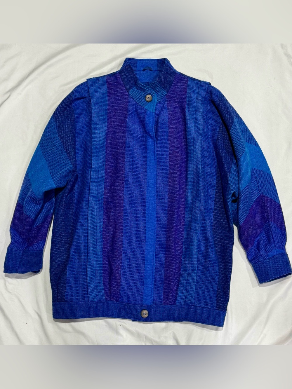 Vtg 80s Avoca Ireland Pure Wool Blue Purple Striped Jacket Unisex M XL⁠